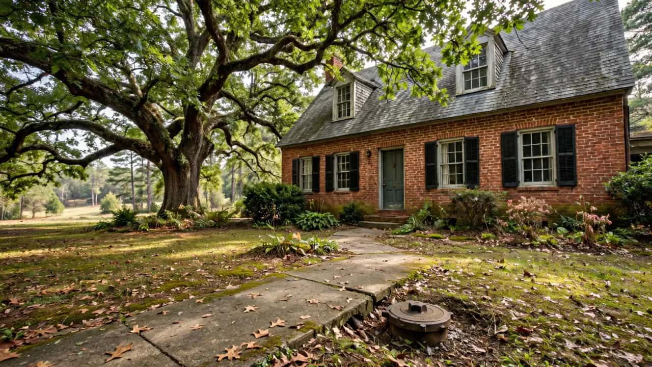 Brick Cape Cod house with a large oak and a sewer cleanout near the walk