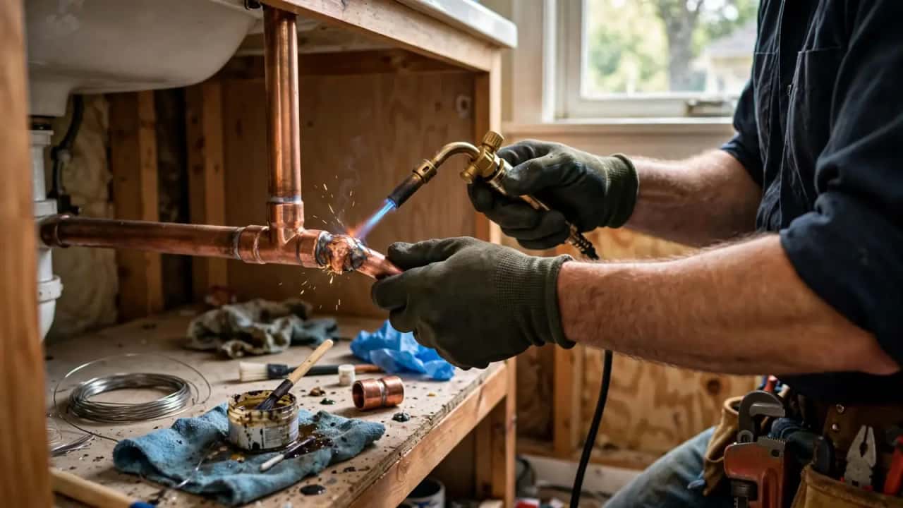 Plumber soldering a copper pipe fitting with a torch