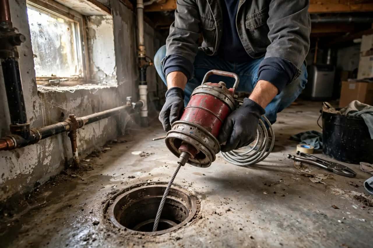 Drum auger cable being fed into a basement floor drain