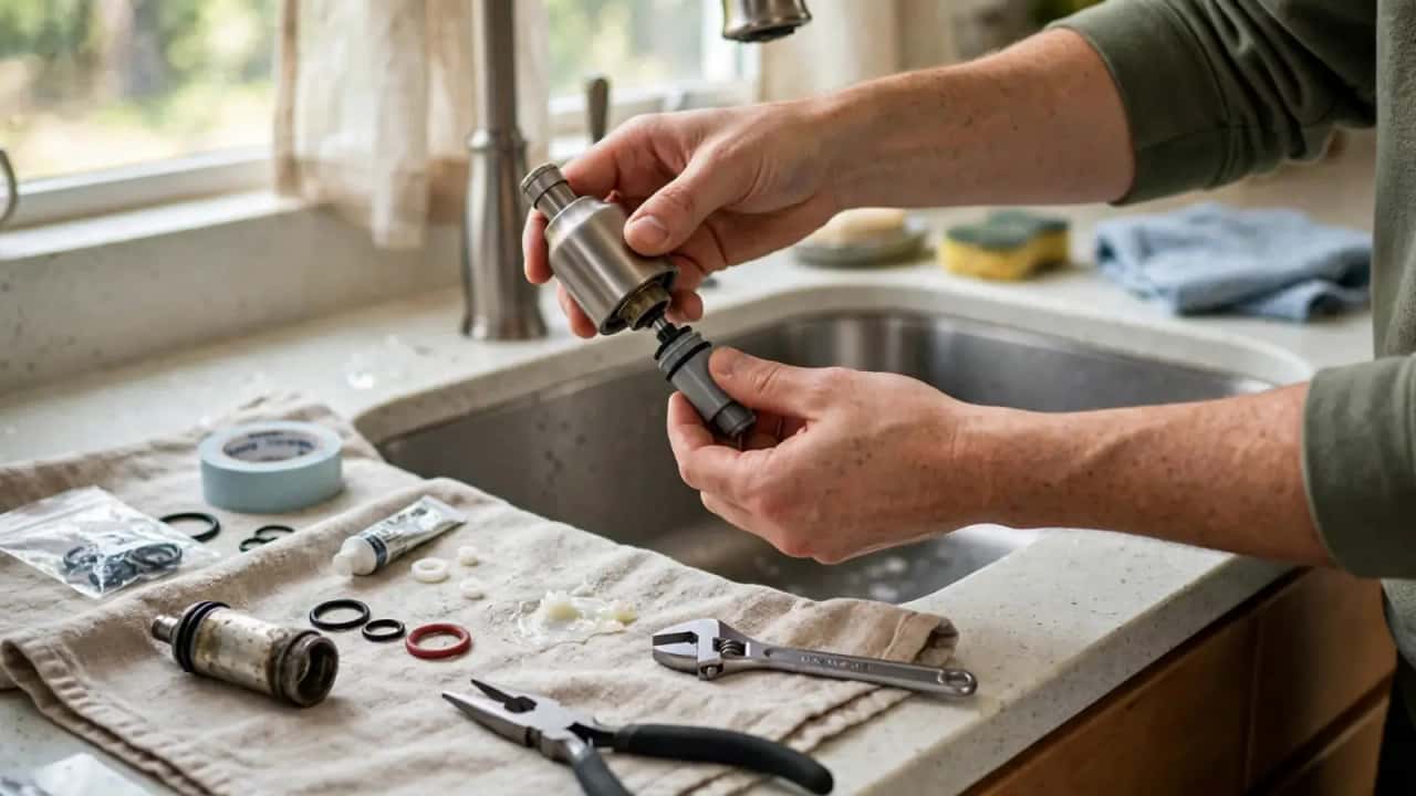 Hands holding a faucet cartridge with O-rings and tools on a towel