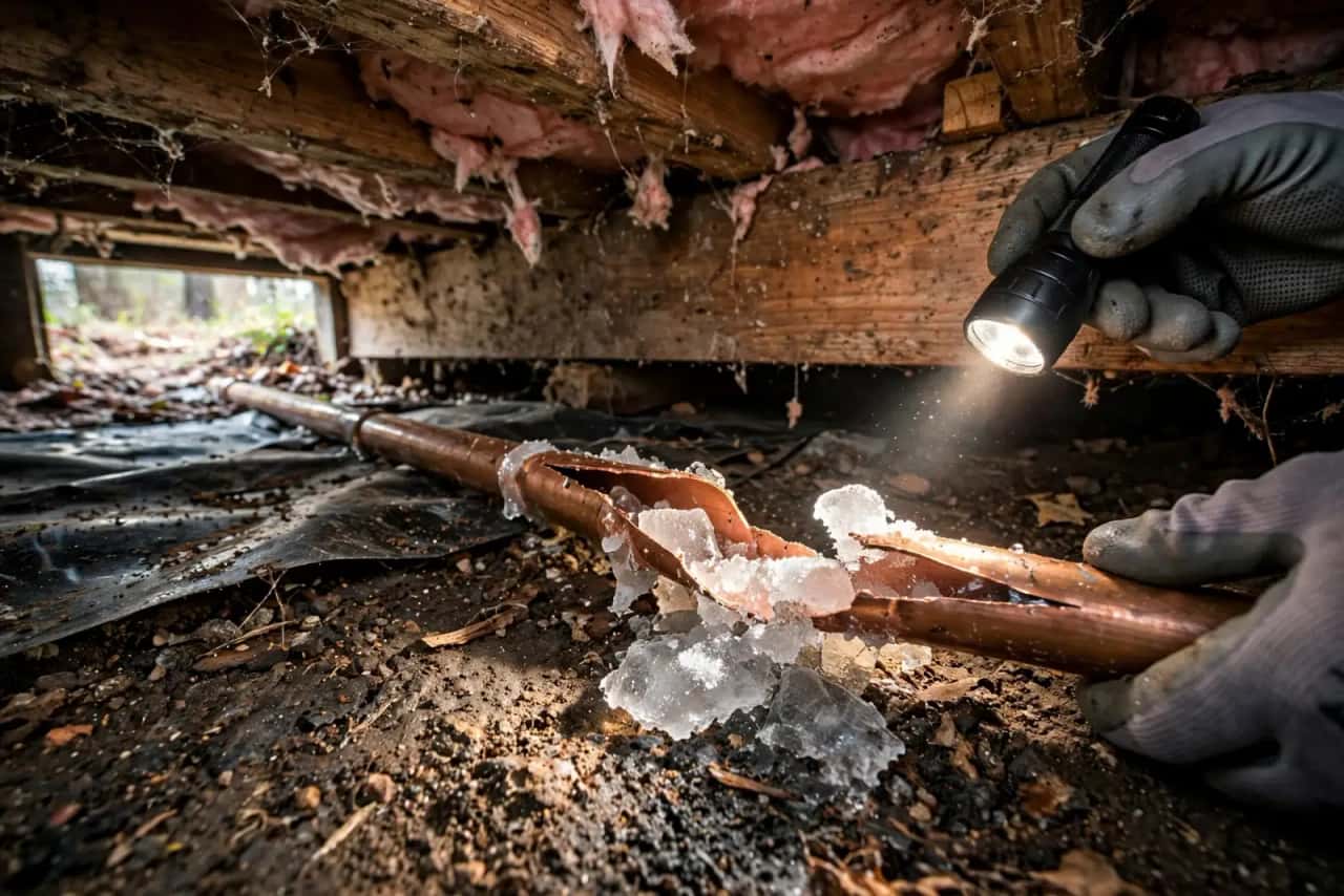 Split copper pipe with ice in a crawl space lit by a flashlight