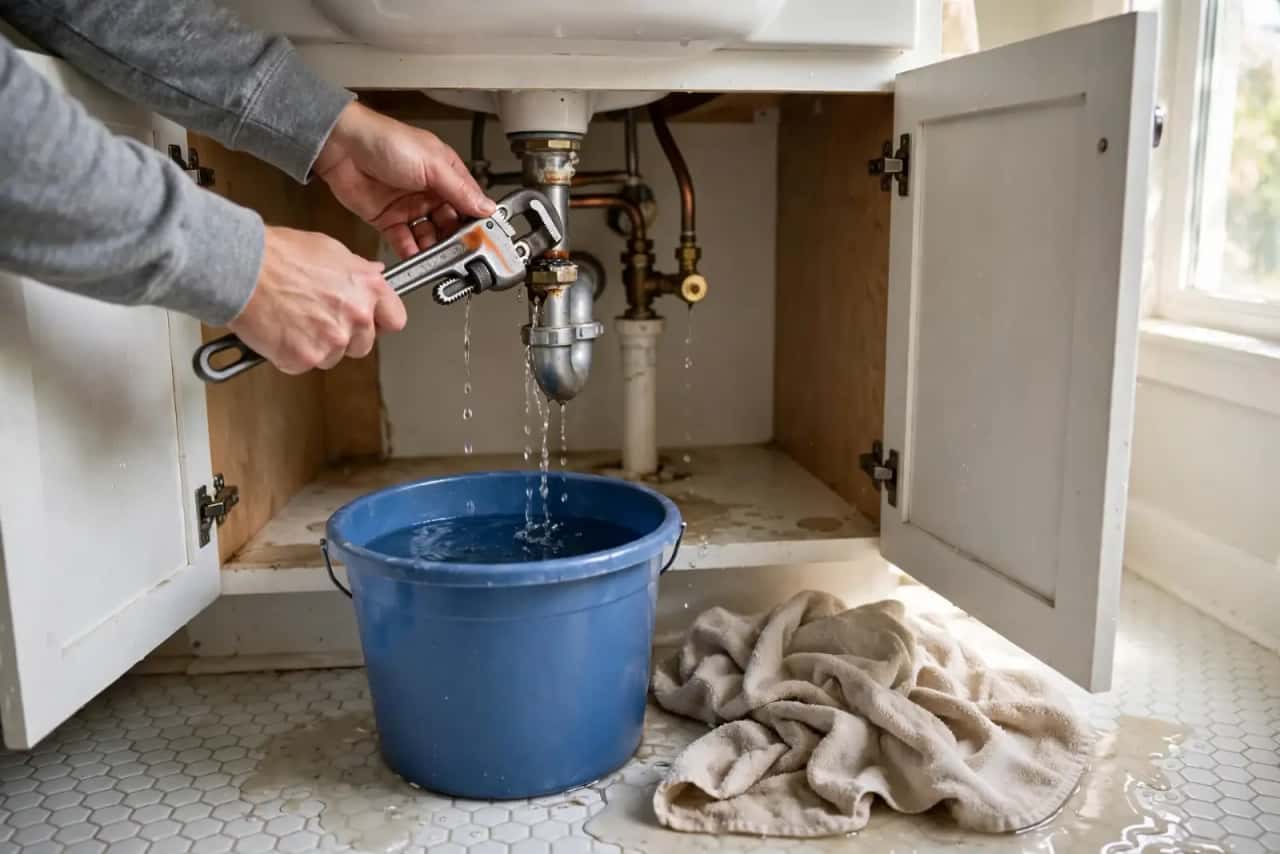 Water leaking from a drain under a bathroom vanity into a blue bucket