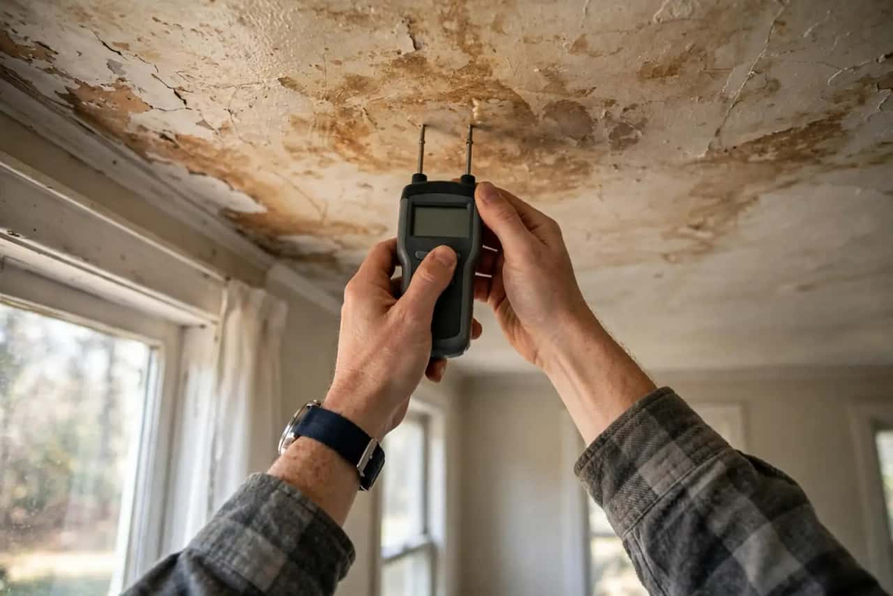 Moisture meter held against a water-stained ceiling
