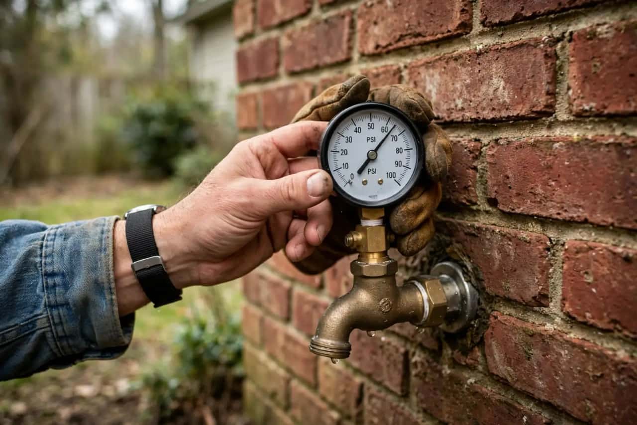 Water pressure gauge attached to an outdoor hose bib