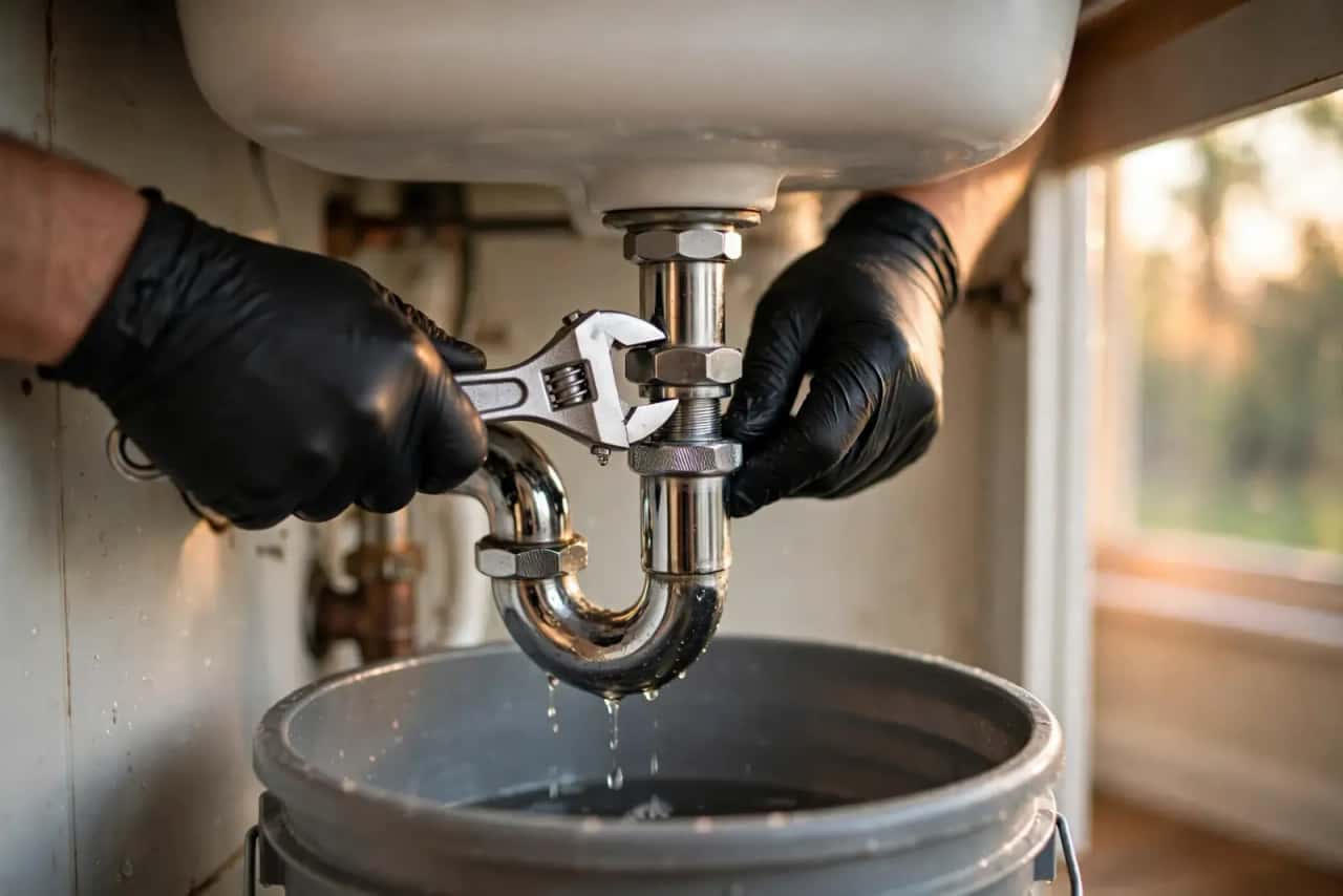 Gloved hands loosening a chrome P-trap under a kitchen sink with a bucket below