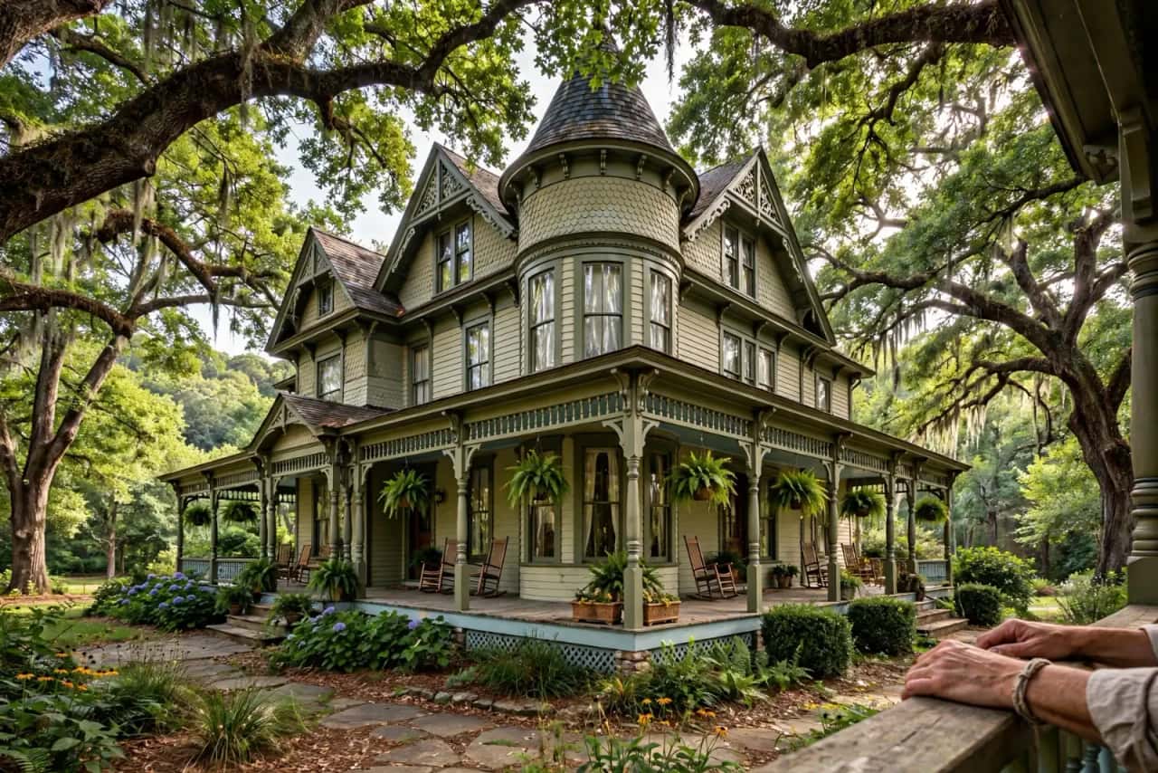 Queen Anne style house with a wraparound porch under mature oaks