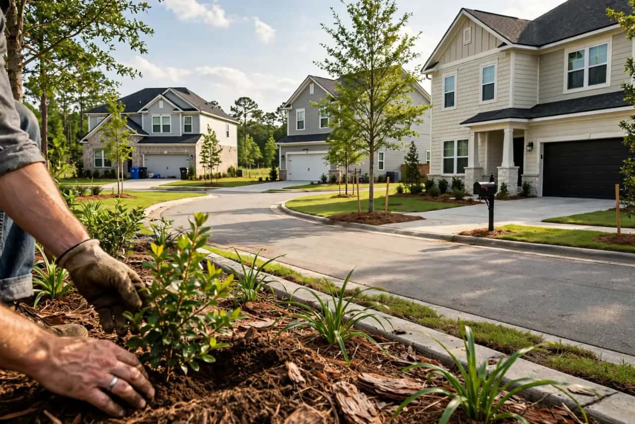 Newer two-story homes on a curving suburban street