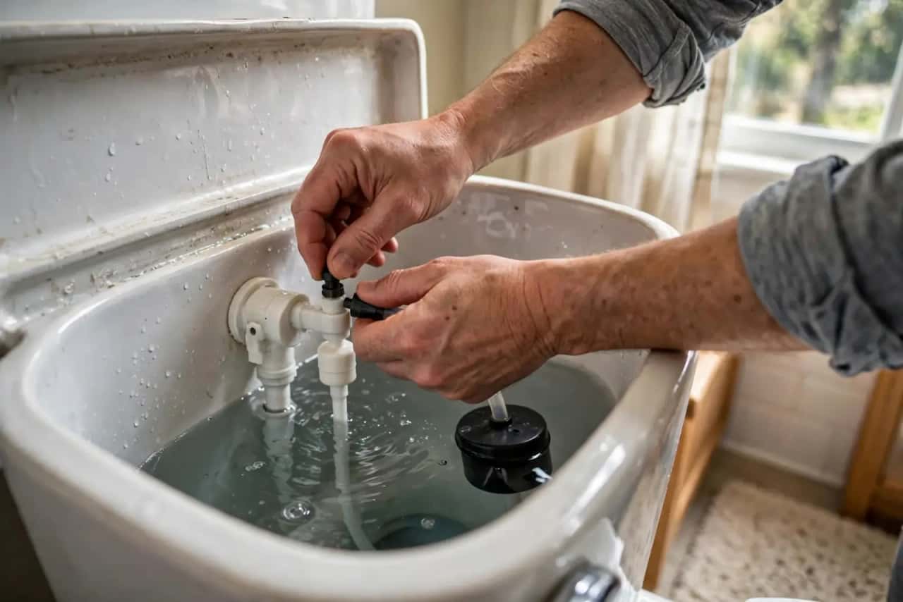 Hands adjusting the fill valve inside an open toilet tank