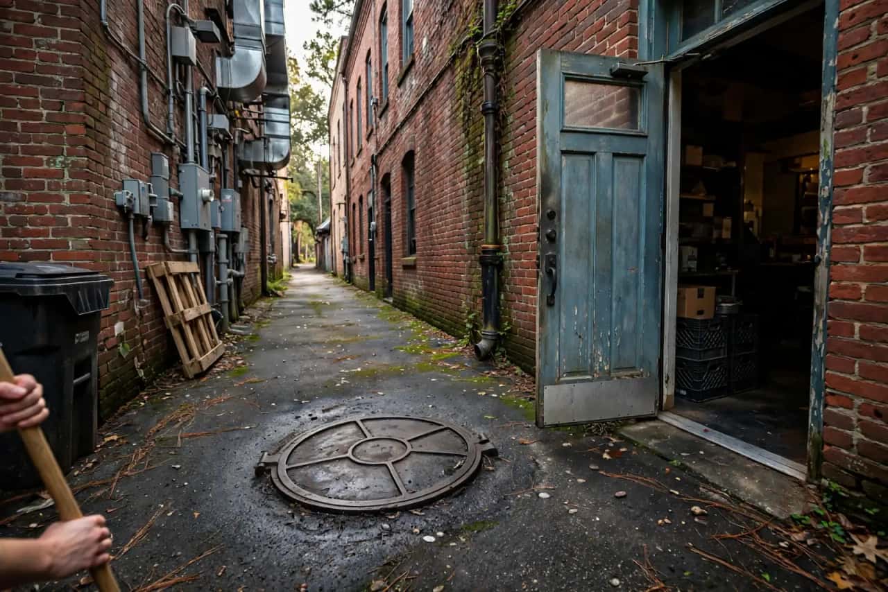 Grease interceptor lid in an alley behind historic brick buildings