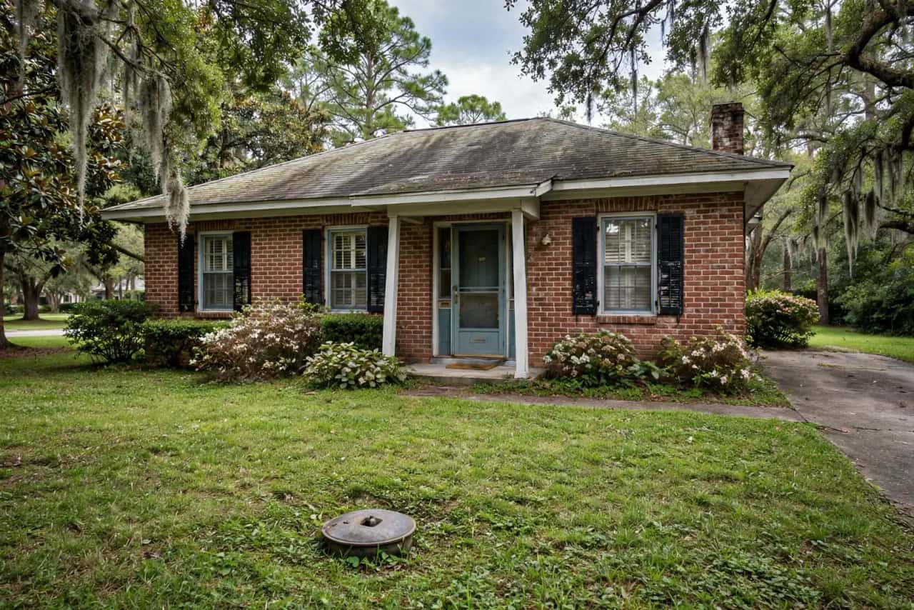 1950s brick ranch house with a sewer cleanout cap in the lawn