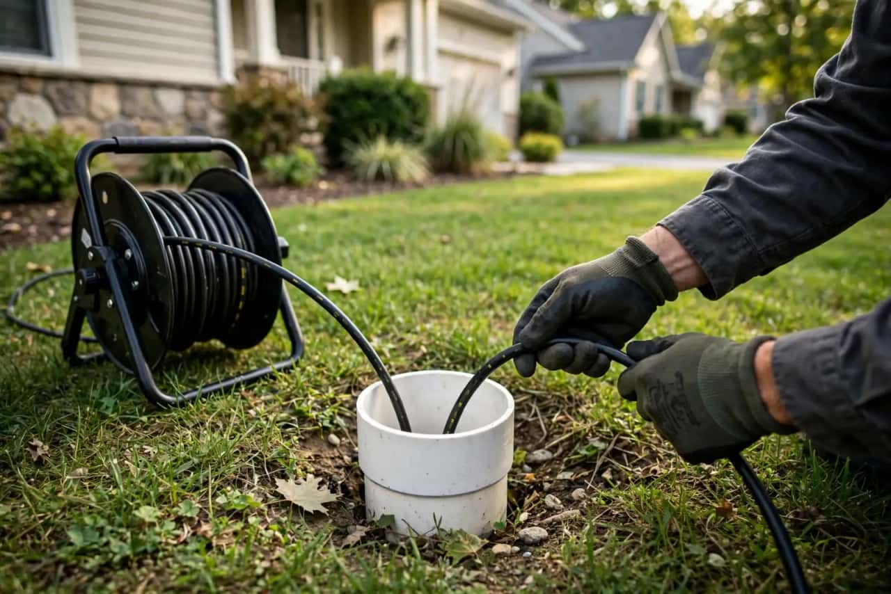 Sewer camera cable being fed into a PVC cleanout in a lawn