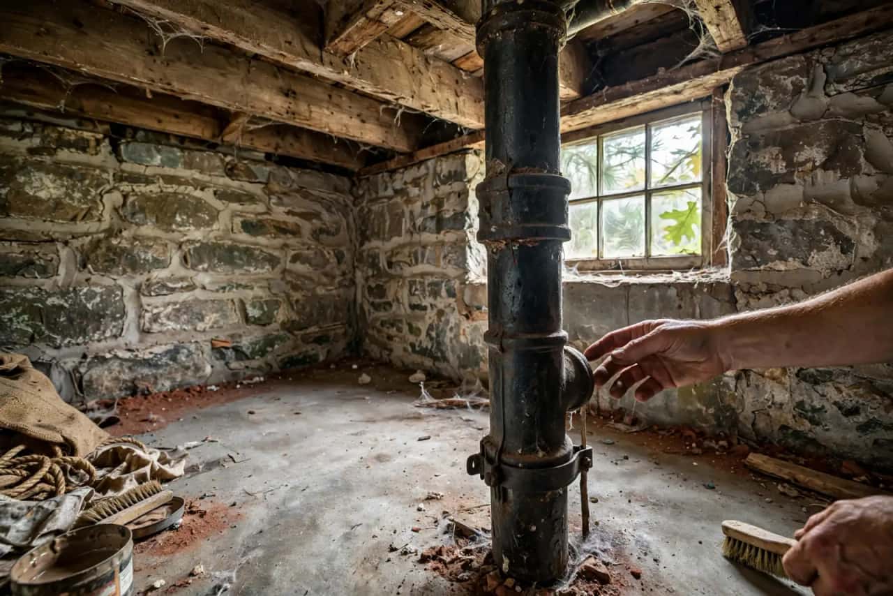 Old cast-iron drain stack in an unfinished basement
