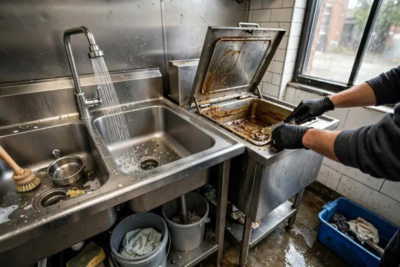 Stainless steel commercial kitchen sink and grease trap being cleaned