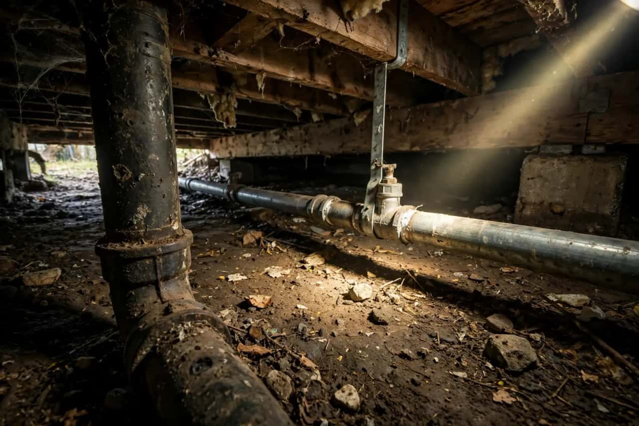 Old cast-iron drain and galvanized water pipe in a crawl space