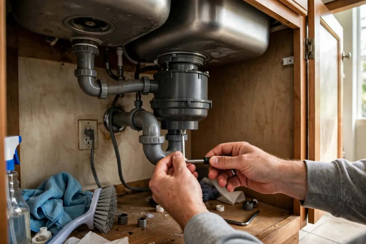Garbage disposal under a kitchen sink being reset with a hex key