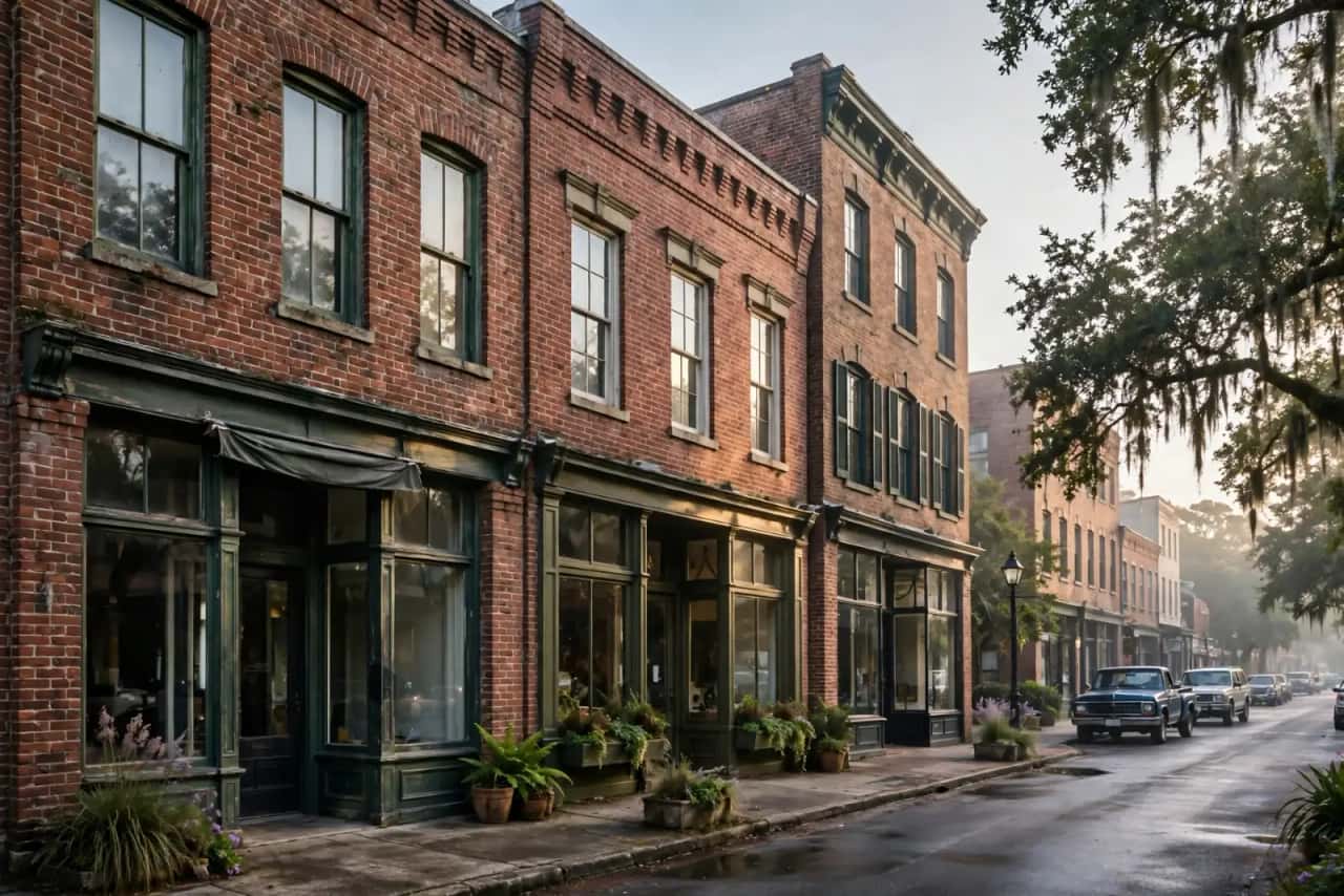 Historic two-story brick storefront buildings on a main street