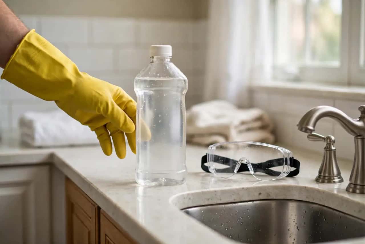 Unbranded drain cleaner bottle, gloves and safety goggles by a bathroom sink