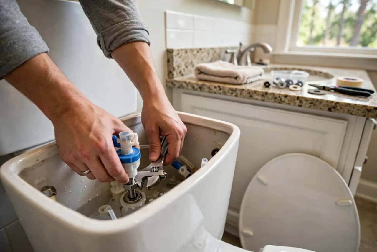 Hands replacing a toilet fill valve in a newer bathroom