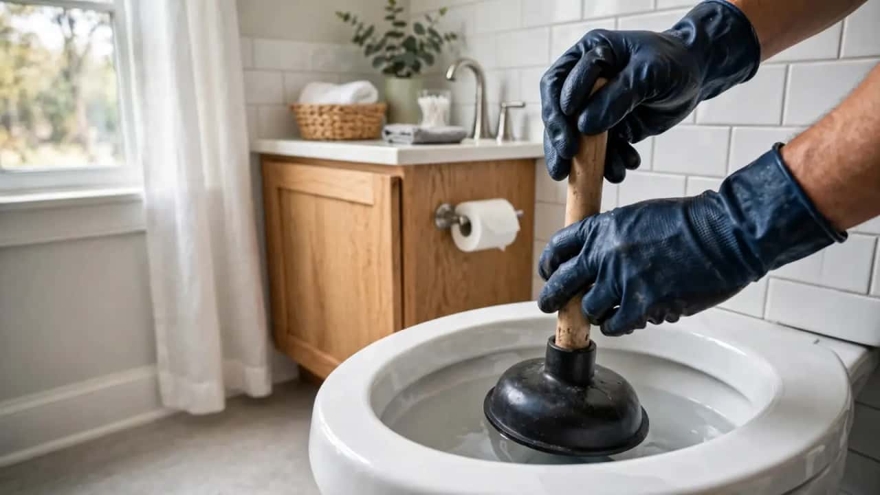 Gloved hands using a flange plunger on a toilet