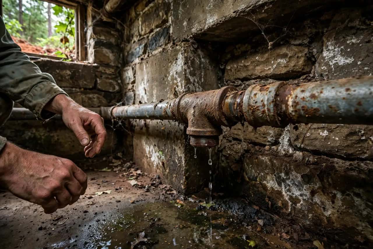 Rusty galvanized pipe joint dripping water in an old basement