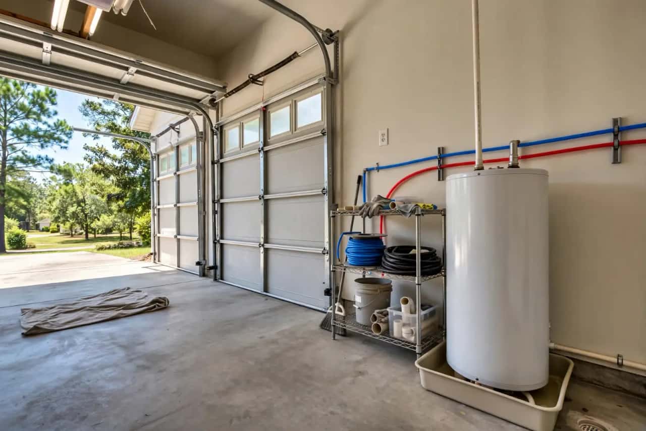 Tank water heater with drain pan and PEX lines in a newer home's garage