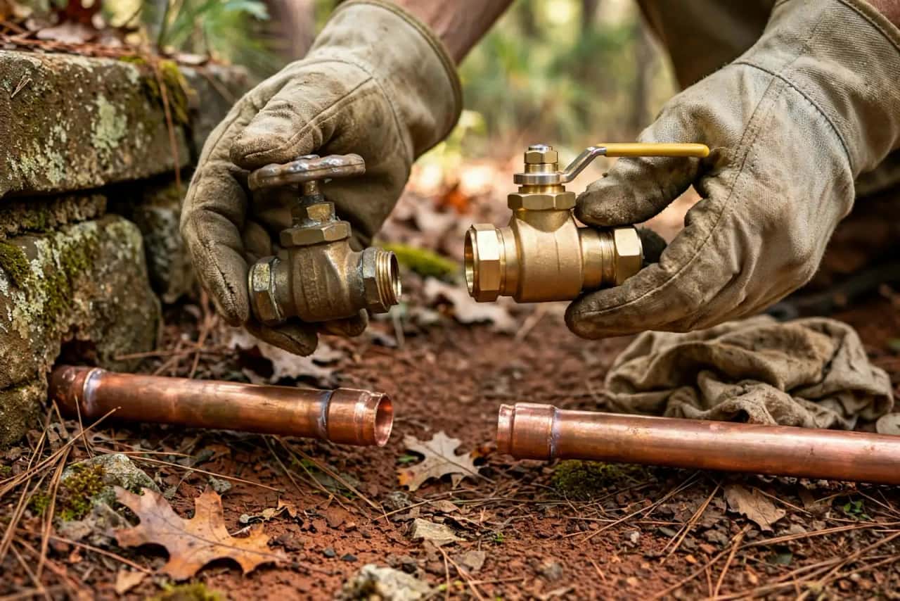 Hands replacing an old gate valve with a quarter-turn ball valve