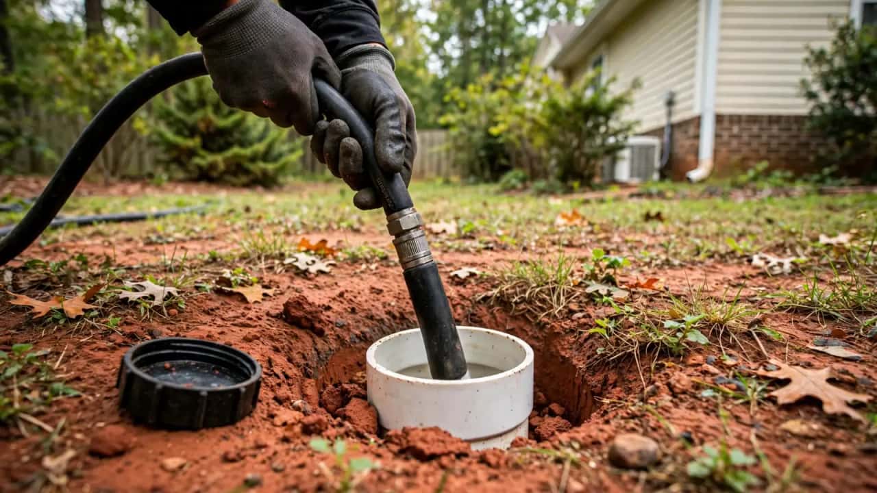 Jetting hose entering an outdoor sewer cleanout in a lawn with red clay soil