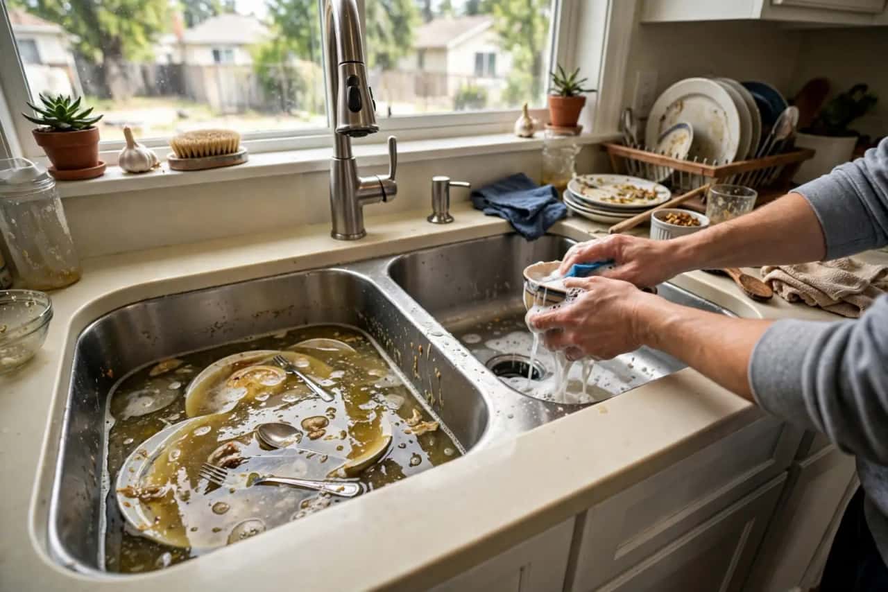 Kitchen double sink with standing greasy water in one bowl