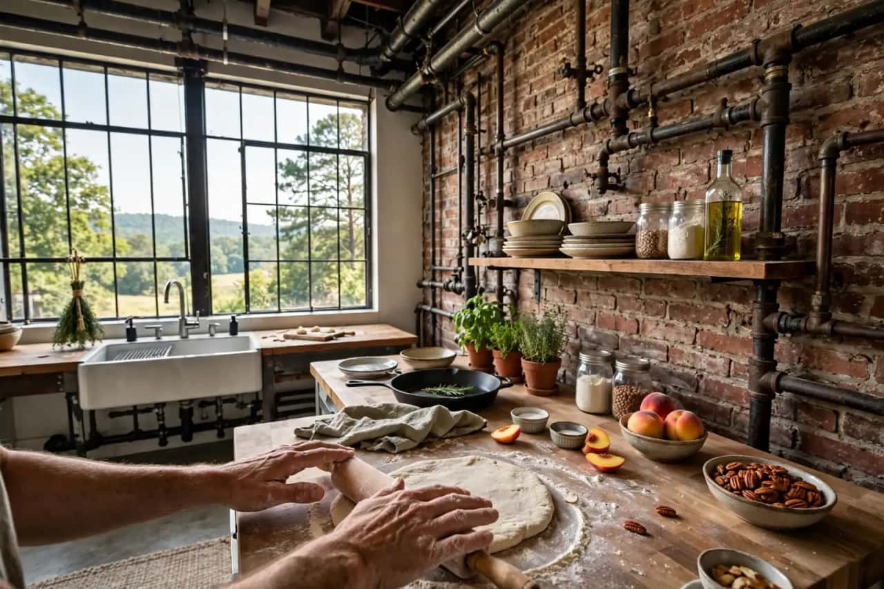 Loft apartment kitchen with exposed brick and old metal pipes