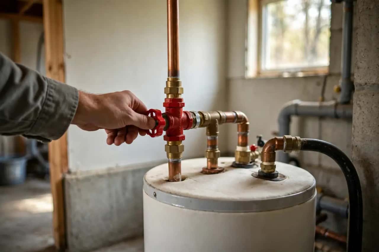 Hand turning a red main water shutoff valve above a water heater