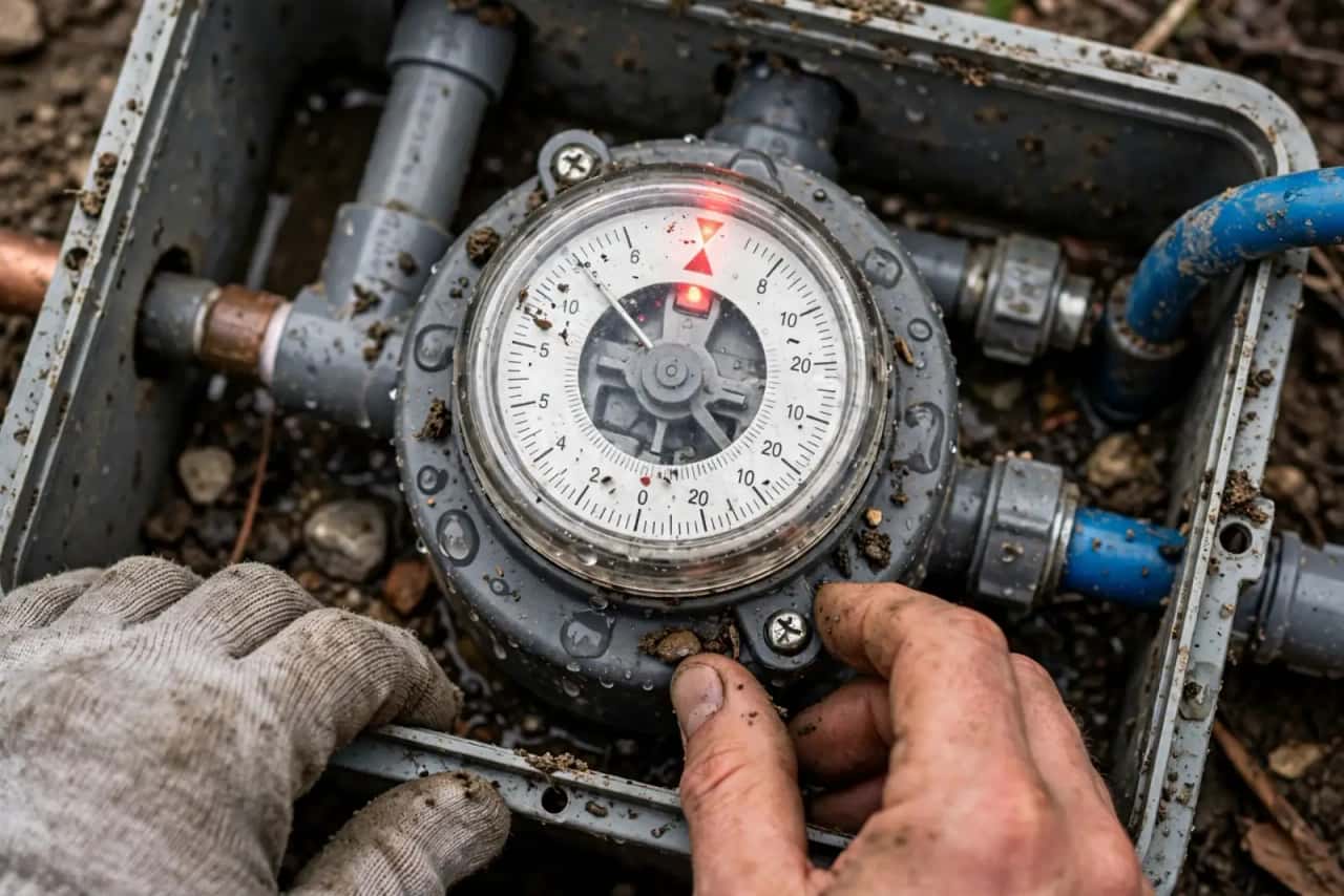 Water meter dial with the small leak indicator in an open meter box
