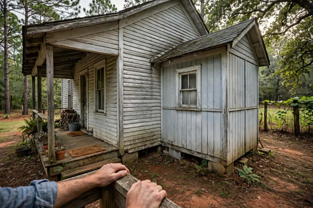 Rear of a small frame mill house with an added bathroom on the back porch