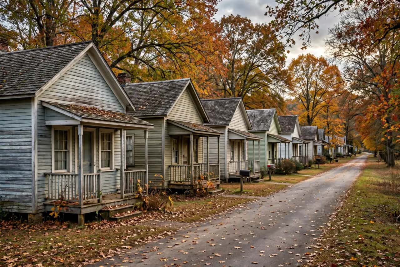 Row of small one-story frame mill houses with front porches