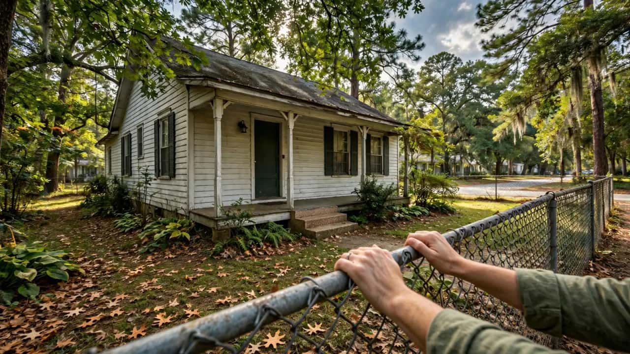 Modest older one-story house on a quiet shaded street