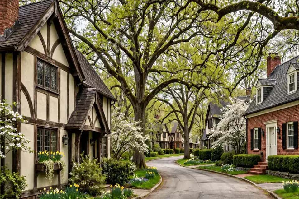 Tree-lined street of older brick homes in spring