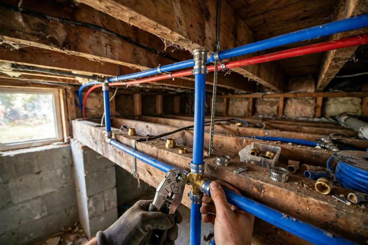 Red and blue PEX supply lines being crimped in a basement ceiling