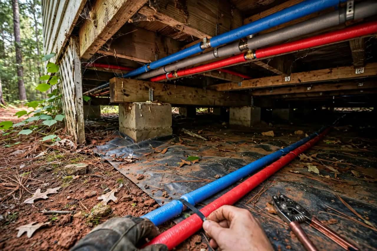 Low pier crawl space with new insulated PEX supply lines