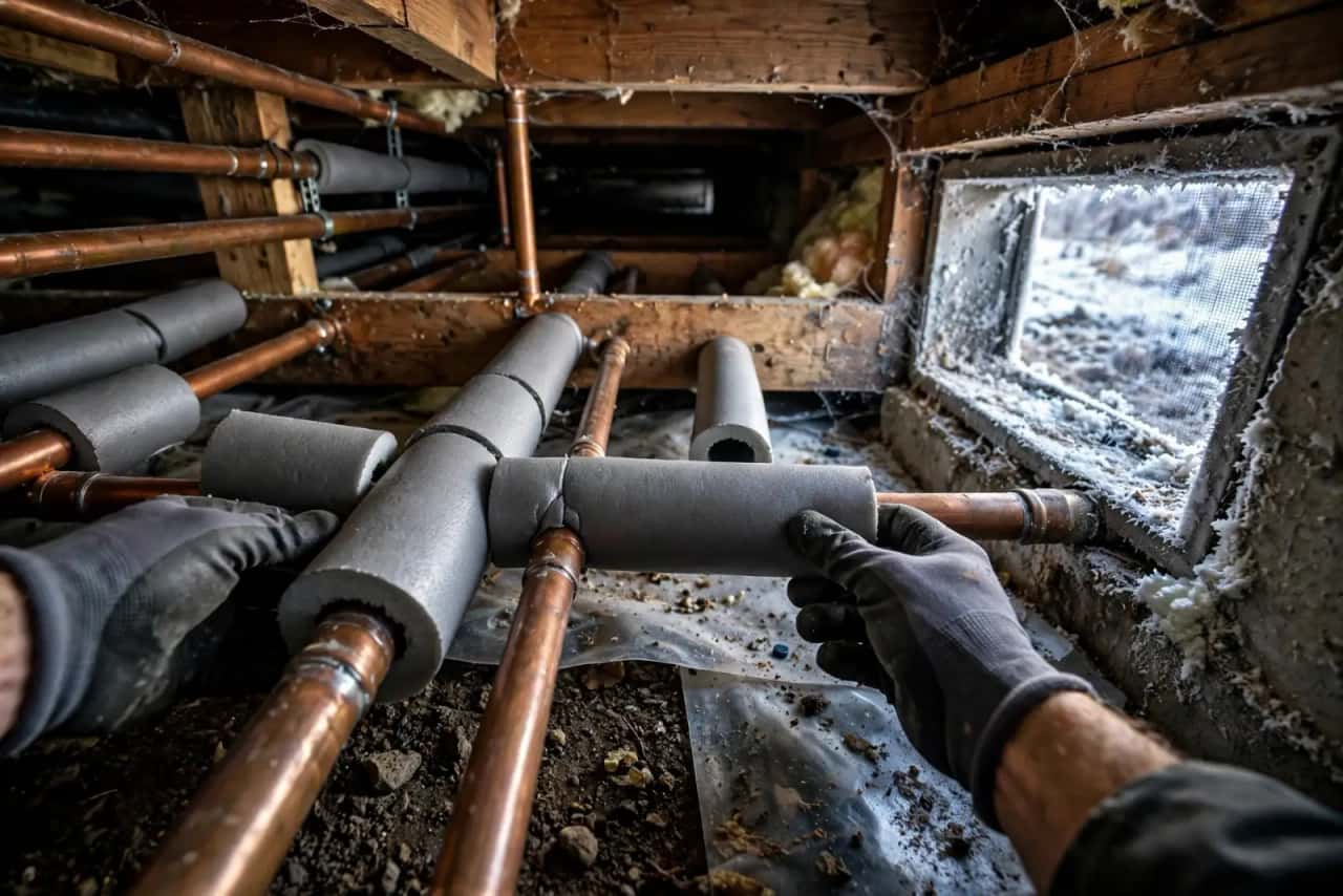 Foam insulation sleeves being fitted on copper pipes in a crawl space