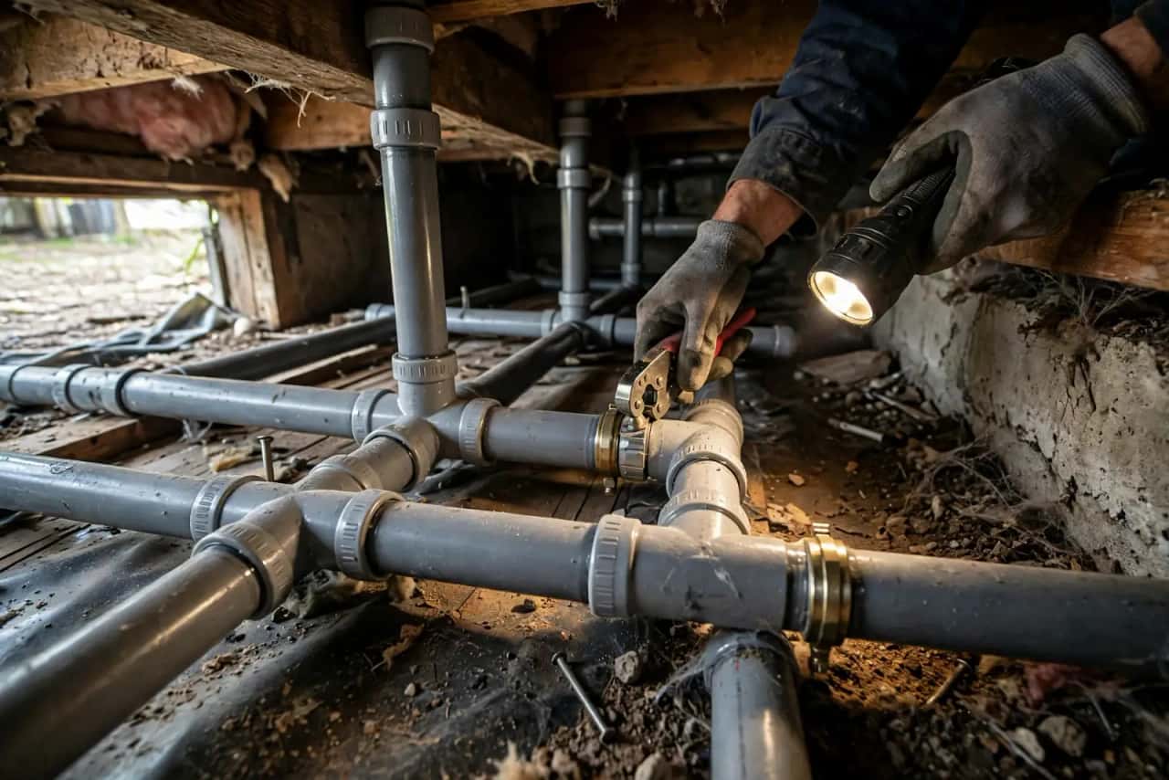 Gray polybutylene supply pipes with crimp fittings in a crawl space