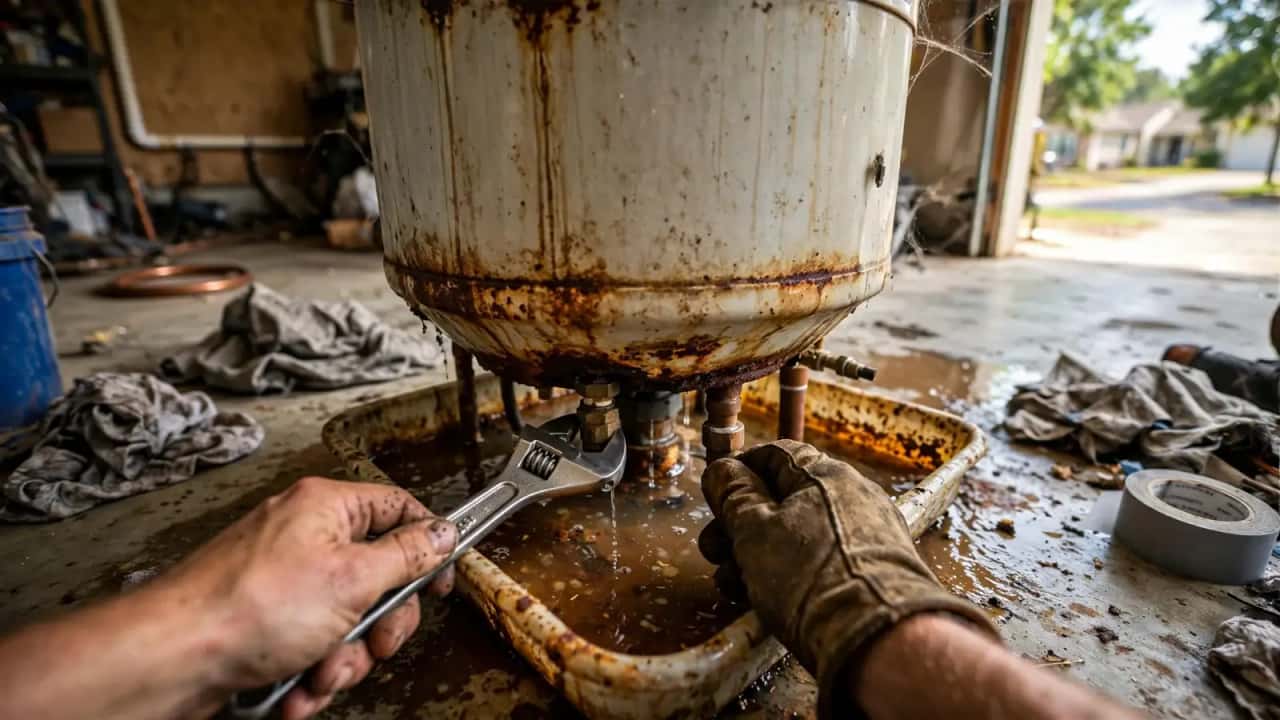 Rust and water stains at the base of an old tank water heater