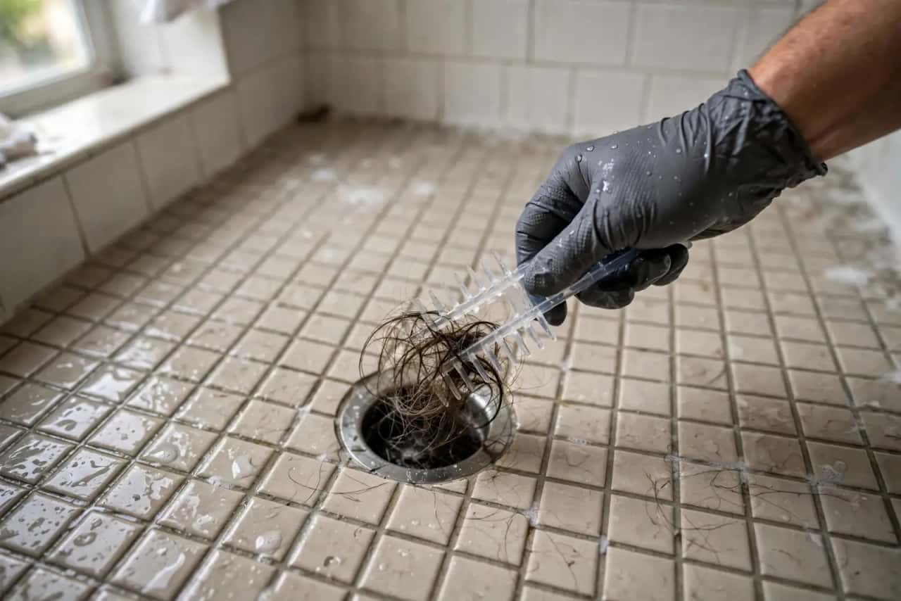 Gloved hand pulling hair from a shower drain with a plastic drain tool