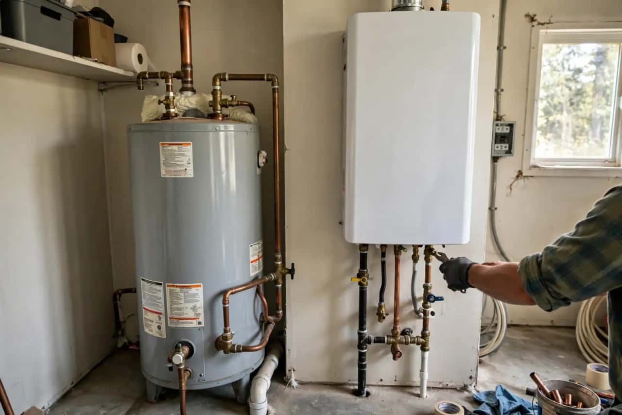 Tank water heater beside a wall-mounted tankless water heater