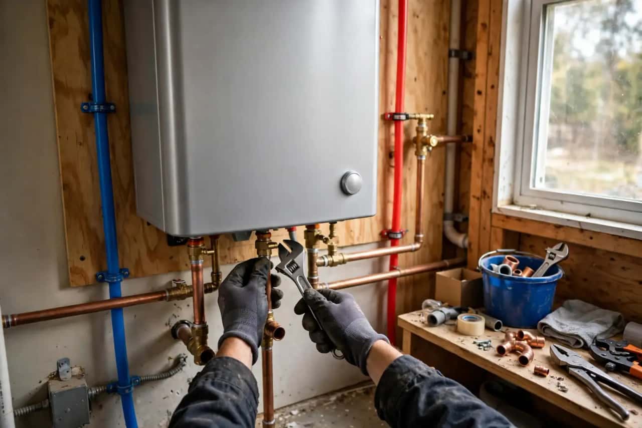 Wall-mounted tankless water heater with copper and PEX connections