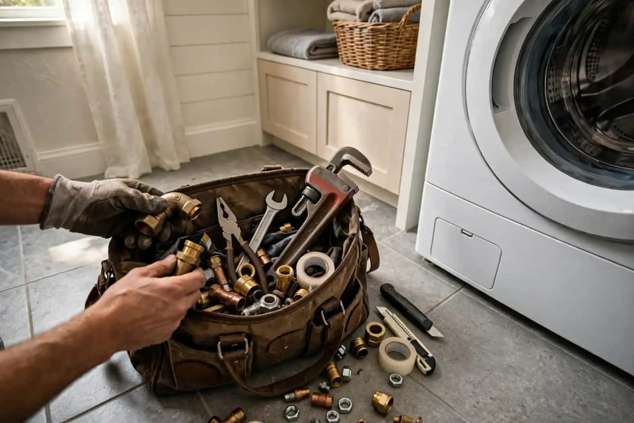 Open plumber's tool bag with wrenches and fittings next to a washing machine