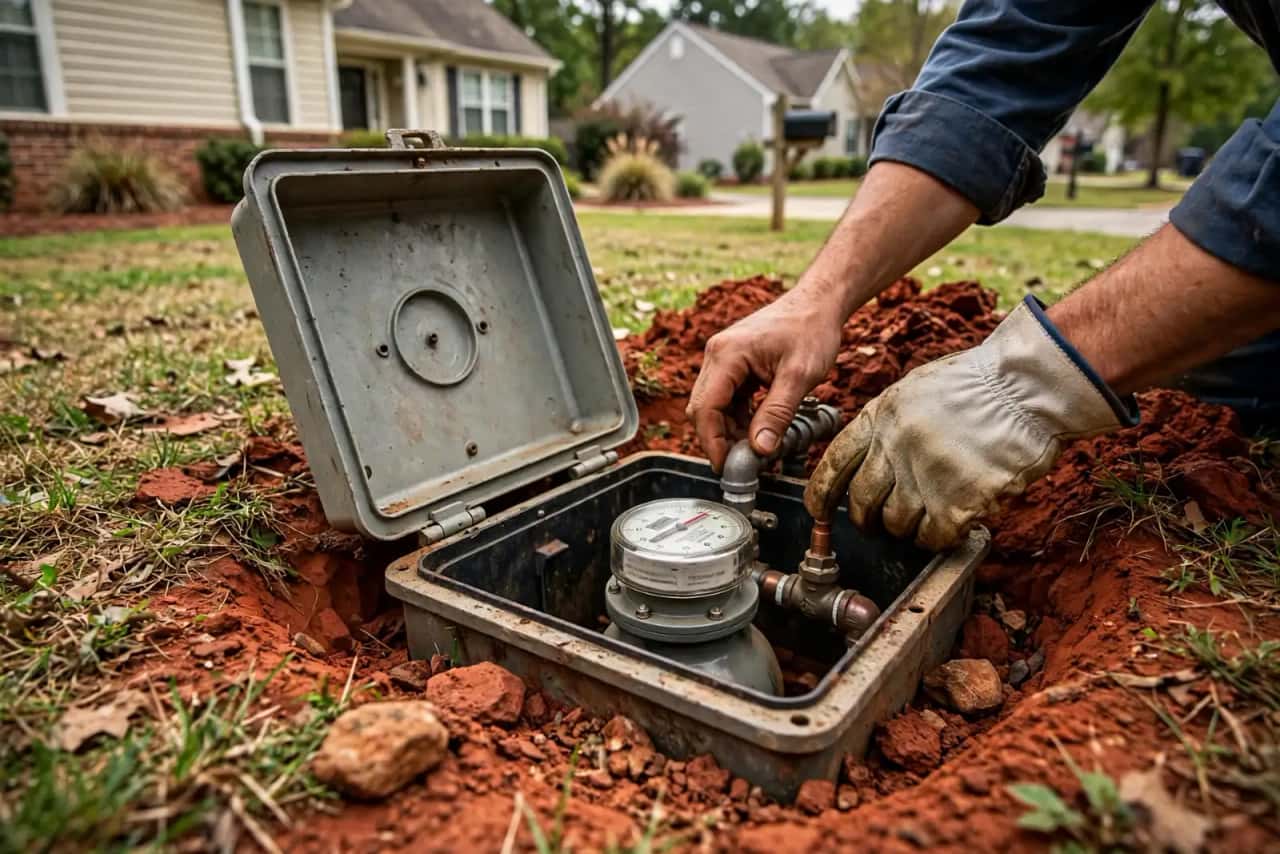 Open water meter box in a front yard with red clay soil